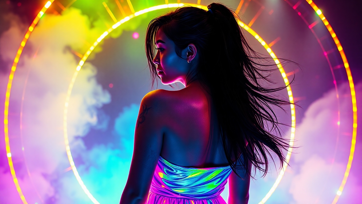 Young woman stepping through a glowing stargate portal into another dimension
